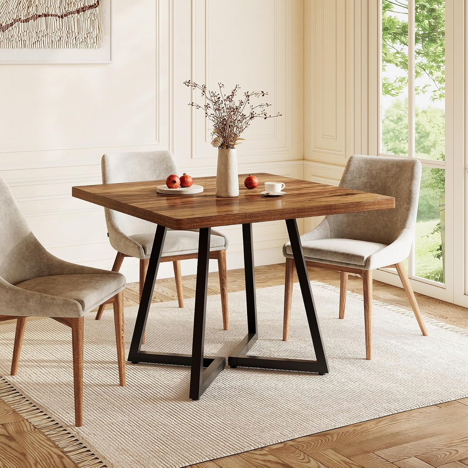 LITTLE TREE 31.5 Inches Small Dining Table for 4, Square Dinner Table for Small Space, Dining Room Tables, Rustic Brown Wooden Kitchen Table with Metal Legs, Modern Leisure Cafe Table for Apartment