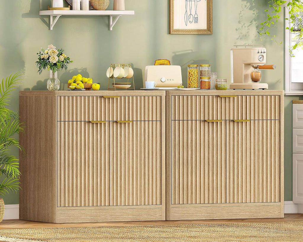 TEENFON 63' Fluted Buffet Sideboard Cabinet with Storage, Buffet Table Coffee Bar Wine Bar Storage Cabinet with Adjustable Shelf for Living Room, Kitchen, Natural