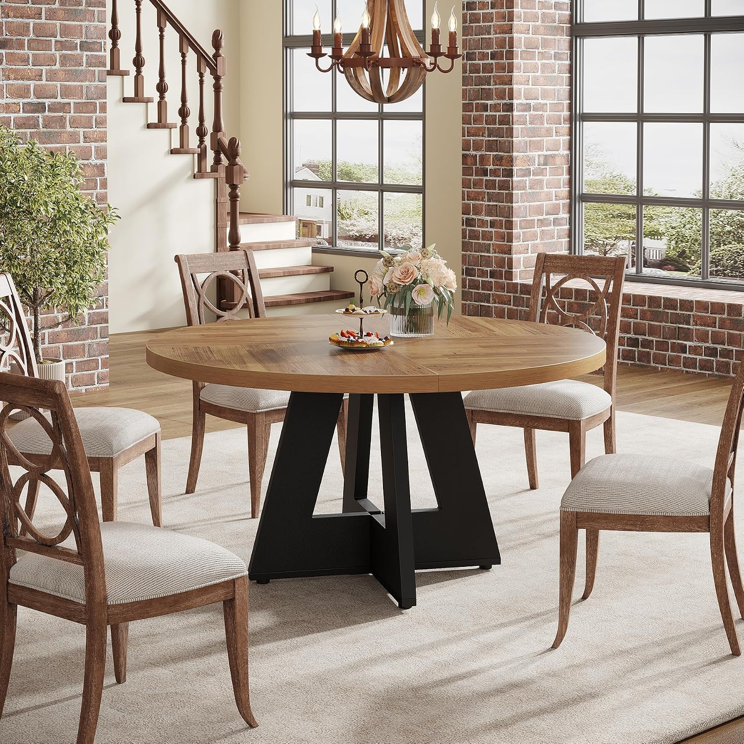 Tribesigns Farmhouse Dining Table, 47 Inch Round Dinner Table for 4, Rustic Round Dining Room Table for Home Dining Room Living Room (Walnut Brown+Black)