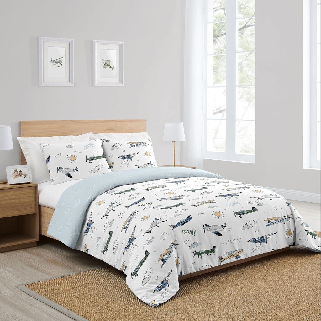 Sweet Jojo Designs Vintage Airplane Boy Queen Comforter Set Full Size Bedding for Kids Teen Adult Bed Room 3pc Grey Green Blue White Yellow Airplanes Air Plane Transportation Clouds Sun Sky Aviator