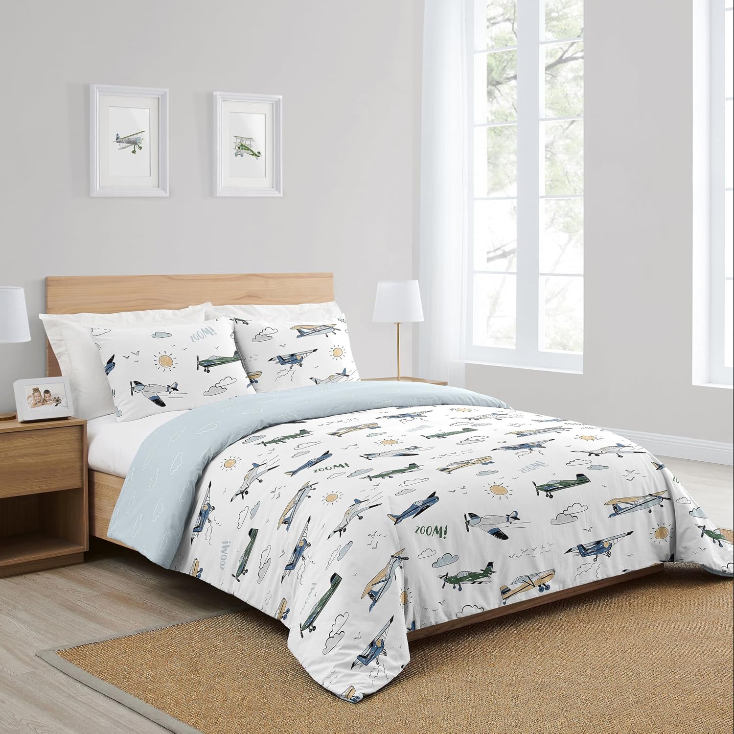 Sweet Jojo Designs Vintage Airplane Boy Queen Comforter Set Full Size Bedding for Kids Teen Adult Bed Room 3pc Grey Green Blue White Yellow Airplanes Air Plane Transportation Clouds Sun Sky Aviator