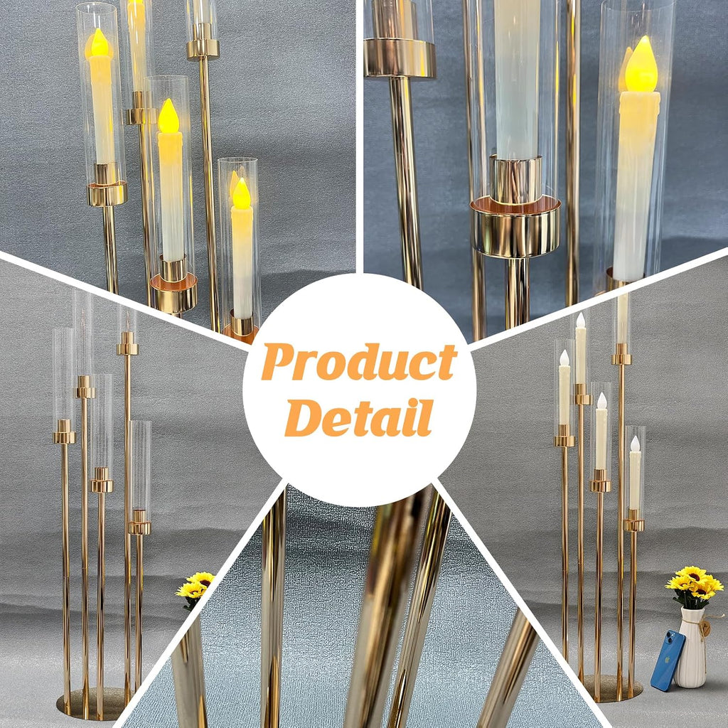 8 Set 5 Arm Golden Candle Holder with Acrylic Lampshade, 41.3'' Tall Candlesticks Holder for Christmas Wedding Housewarming Gift,Metal Candle Holders Candlestick Centerpiece,Fit 0.87'' LED Candle