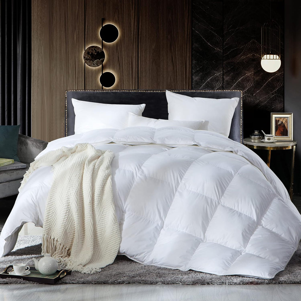 Luxurious Full/Queen Size Goose Down Fiber Waterfowl Feather Fiber Comforter Duvet Insert, Ultra-Soft 100% Cotton Cover, 60 oz. Fill Weight, All-Season White Solid Comforter