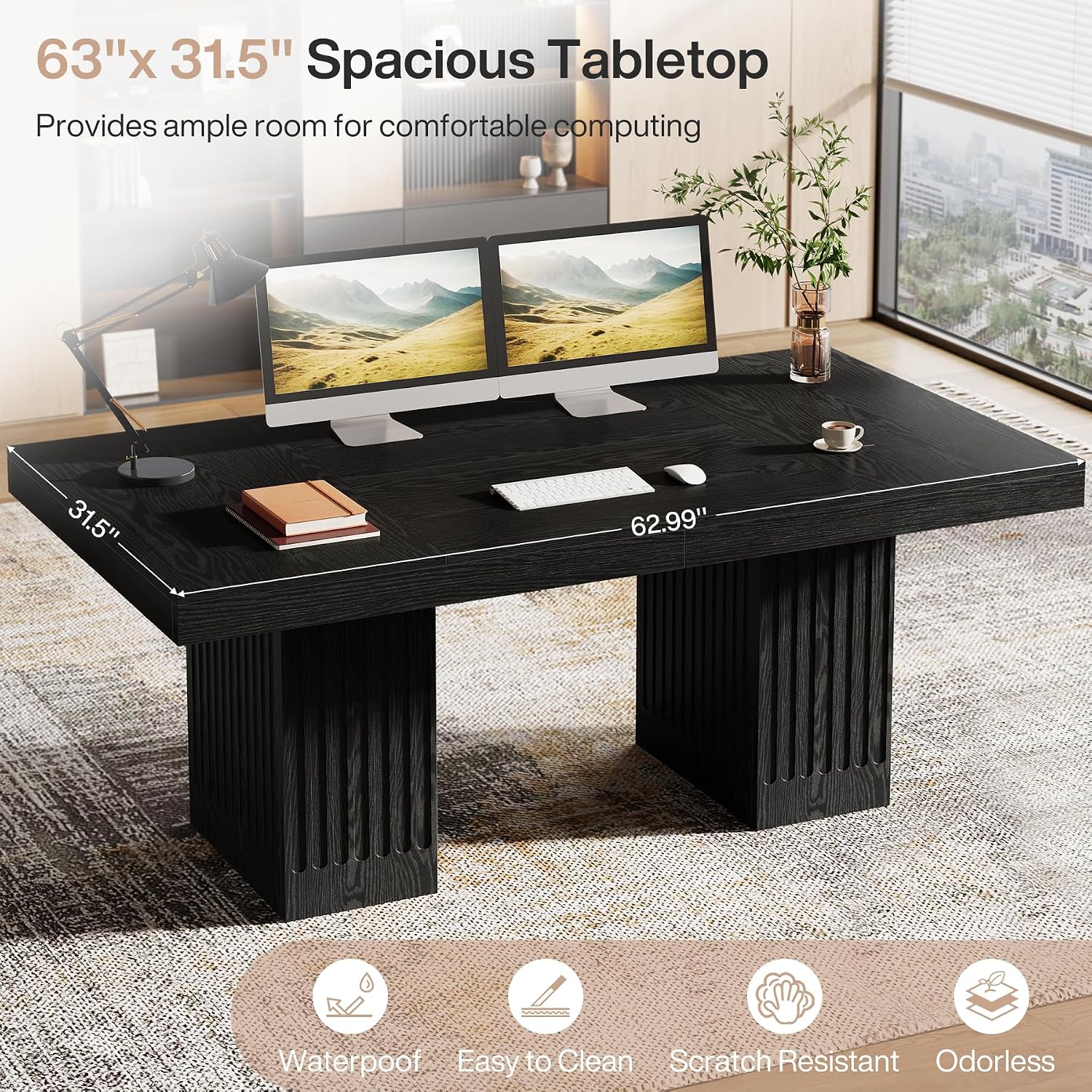 Tribesigns 63 Inch Executive Desk, Large Office Computer Desk with Double Pedestal, Black Modern Simple Desk, Study Writing Table Business Furniture for Home Office, Set of 2