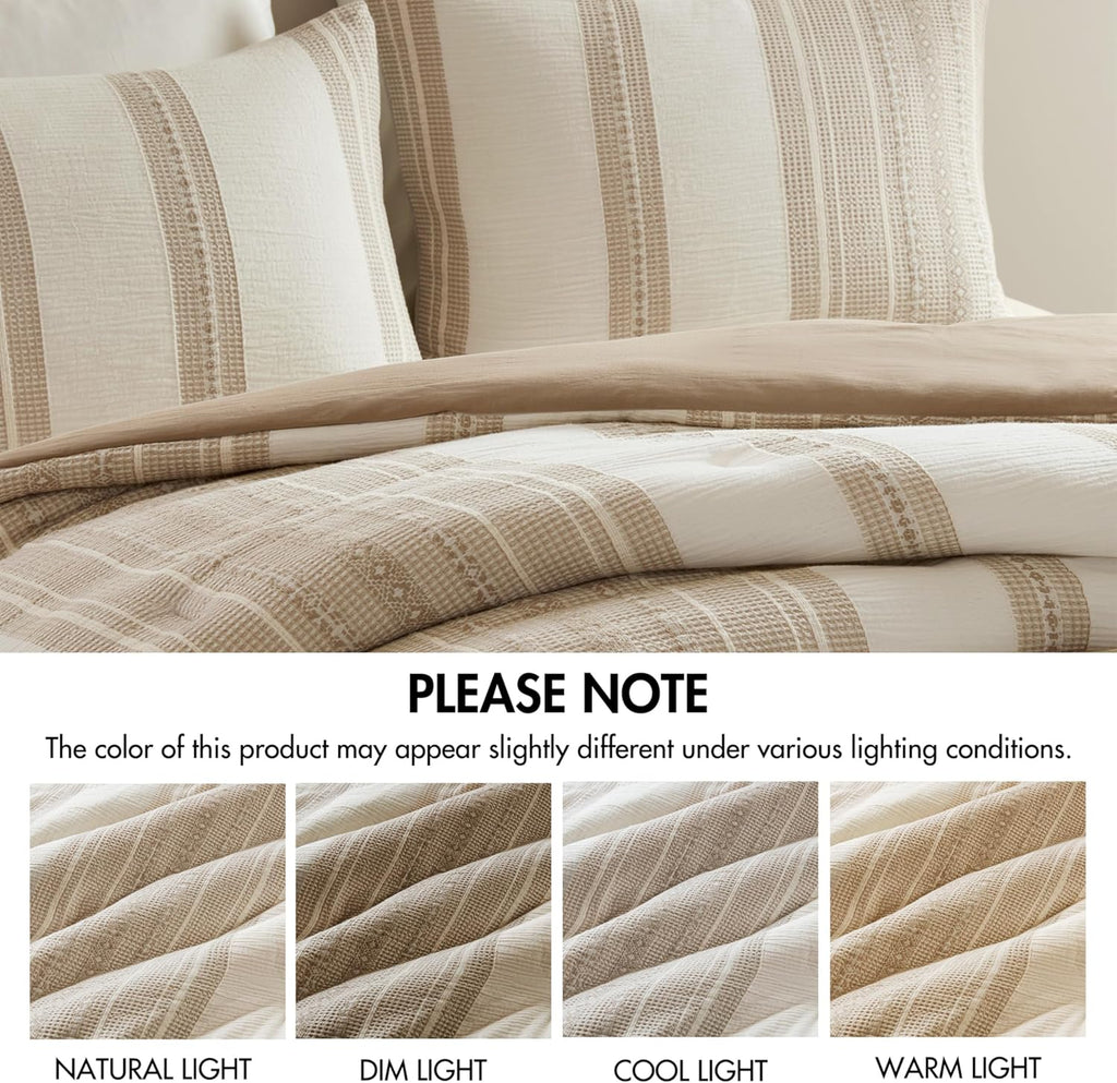 Woolrich Queen Comforter Set Cotton Striped, Oversized Comforter, All Season Down Alternative Overfilled Queen Size Comforter, Mesa, Full/Queen Tan 3 Piece