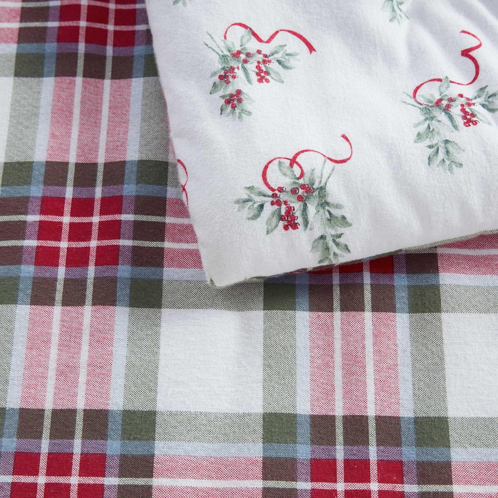 Martha Stewart - Queen Bedding Comforter Sets, Wonderfully Plush & Naturally Soft Cotton Flannel Bedding w/Matching Pillowcases, 3 Piece Bed Sets (Yuletide Spruce Plaid/Holiday Ribbons Red)