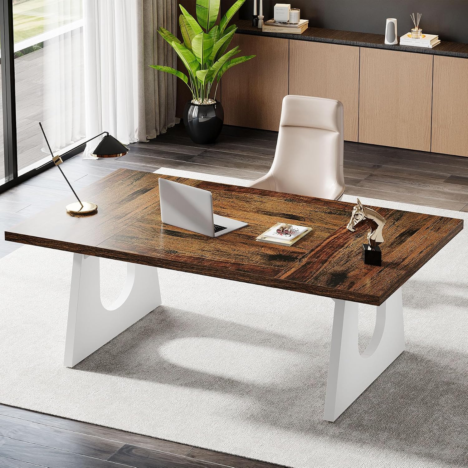 Tribesigns 70.86-Inch Executive Desk, Large Computer Office Desk with Double Wood Pedestal, Modern Simple Style Rectangle Writing Table for Home Office (Brown & White)