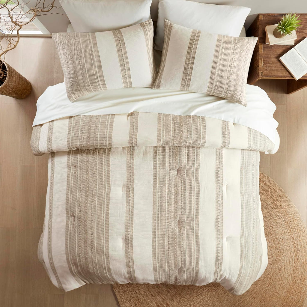 Woolrich King Comforter Set Cotton Striped, Oversized Comforter, All Season Down Alternative Overfilled King Size Comforter, Mesa, King/Cal K Tan 3 Piece