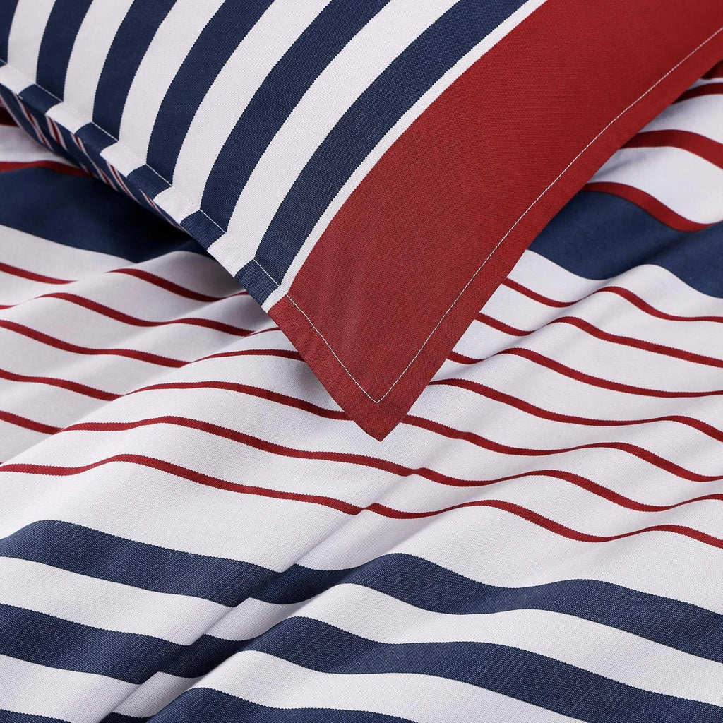 Tommy Hilfiger - Queen Duvet Cover Set, 100% Cotton Percale Bedding with Matching Shams, Button Closure & Corner Ties, Reversible Brooklyn Stripe Design, Americana Decor (Blue)
