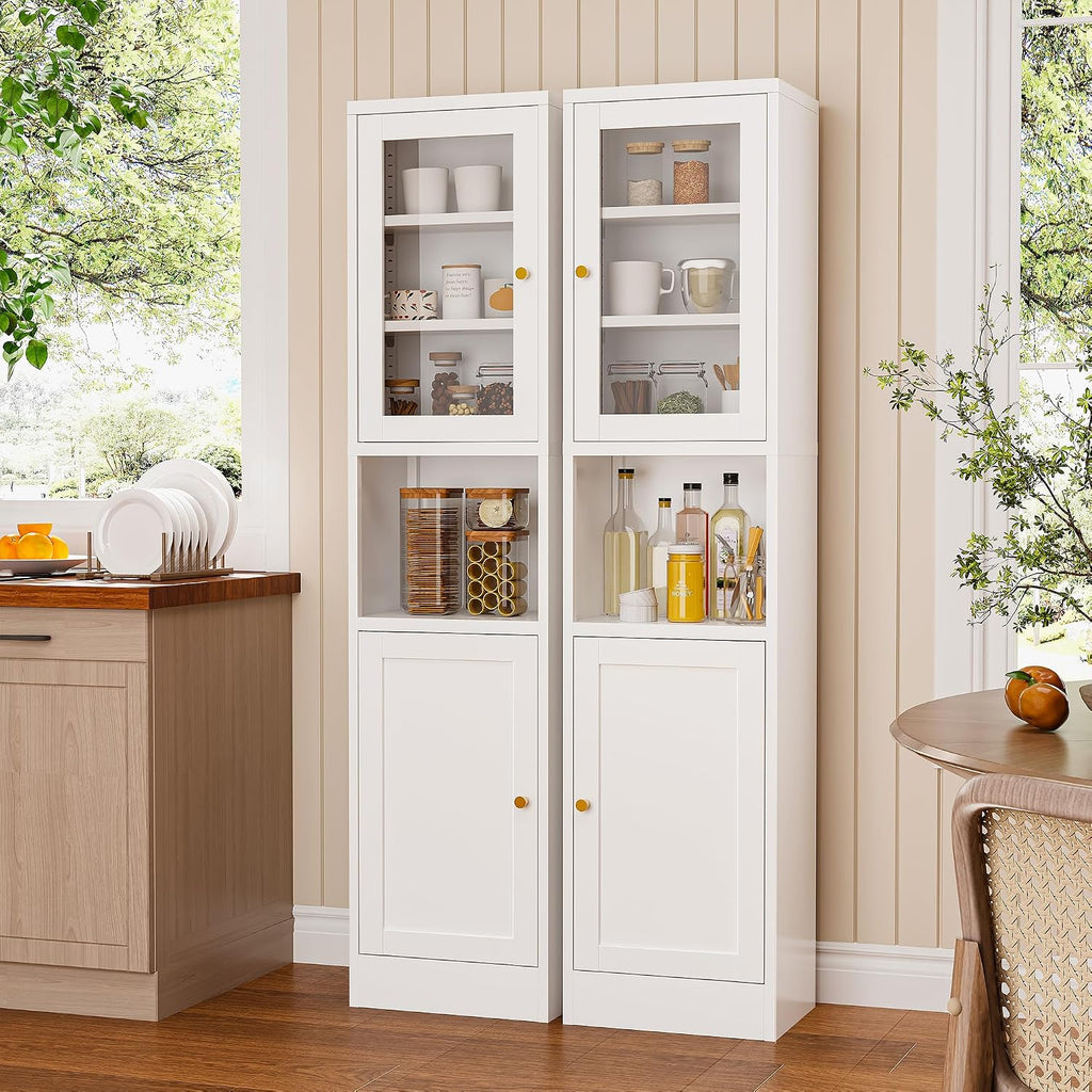 Narrow Glass Door Storage Cabinet Tall Metal Storage Cabinets with 4 Adjustable Shelves Freestanding 5 Tier Slim Pantry Cabinet for Kitchen Office Small Space