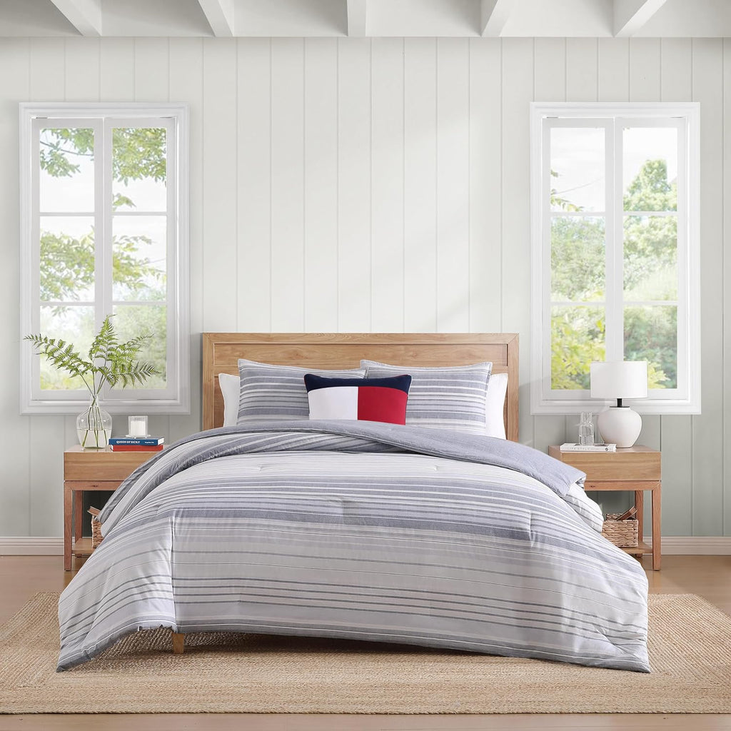 Tommy Hilfiger - King Comforter Set, Cotton Textured Bedding with Matching Shams, Medium Weight Bed Set, Oeko-TEX Certified (Danbury Stripe Blue)