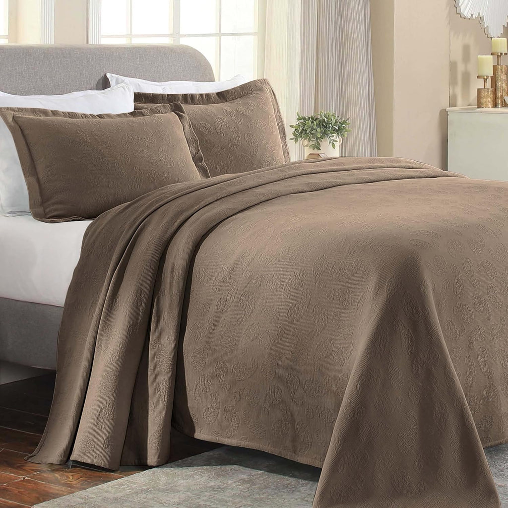 Superior Paisley Cotton 3 Piece Bedspread Set, Home Bed Decor, Decorative Textured Bed Spread, 2 Pillow Shams, Airy Blanket, Matelasse Coverlet Bedding, Vintage Floral Design, Queen, Taupe