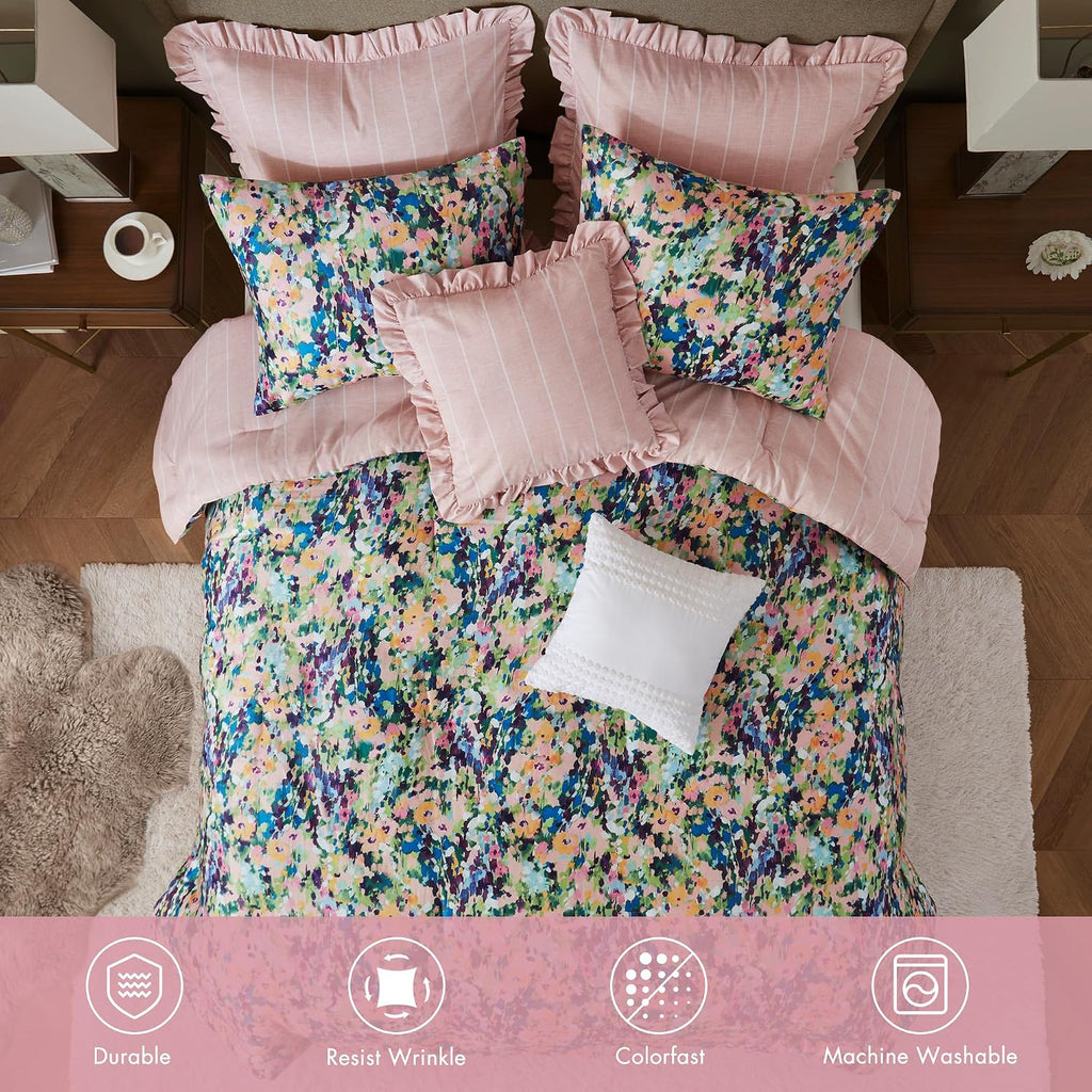 Madison Park Queen Comforter Set Cotton, Microfiber Reverse, Floral Reversible Comforters Queen Size Bed, All Season Bedding Queen Size Comforter, Shams, Pillows, Ophelia, Queen Multi 8 Piece