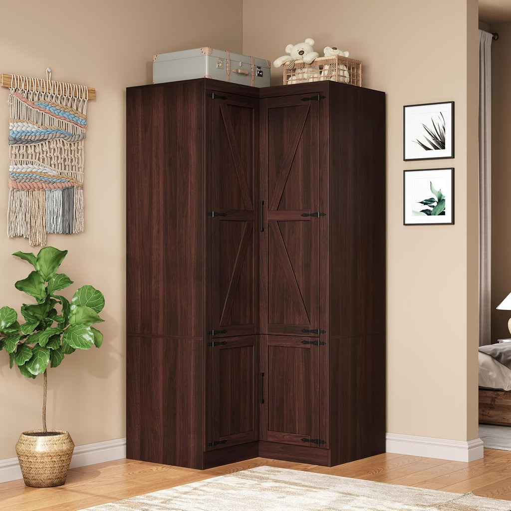 WERSMT 70' Corner Armoire Wardrobe Closet with Barn Door & Shelves, L Shaped Closet Bedroom Clothing Storage Cabinet for Hanging Clothes, Farmhouse Wooden Wardrobe Closets for Bedroom, Espresso