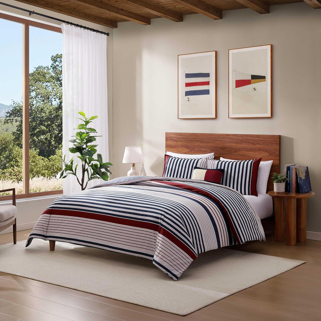 Tommy Hilfiger - Queen Duvet Cover Set, 100% Cotton Percale Bedding with Matching Shams, Button Closure & Corner Ties, Reversible Brooklyn Stripe Design, Americana Decor (Blue)