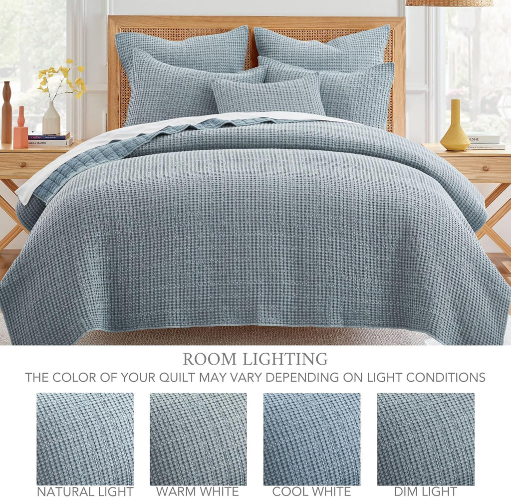 Levtex Home Mills Waffle King Bedspread Set (122x106in) with 2 Pillow Shams (36x20in) - Chambray - Cotton Waffle King Size Bedspread Set - Soft, Pre-Washed