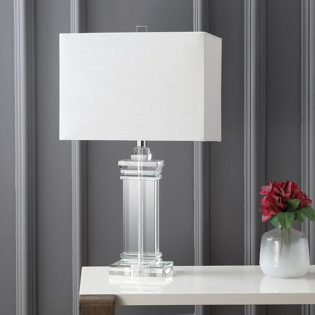 JONATHAN Y 24.5' Ophelia Clear Solid Crystal LED Table Lamp, Modern Rectangular Column Lamp with White Linen Shade for Living Room Bedroom, UL Listed, LED Bulb Included JYL5035A