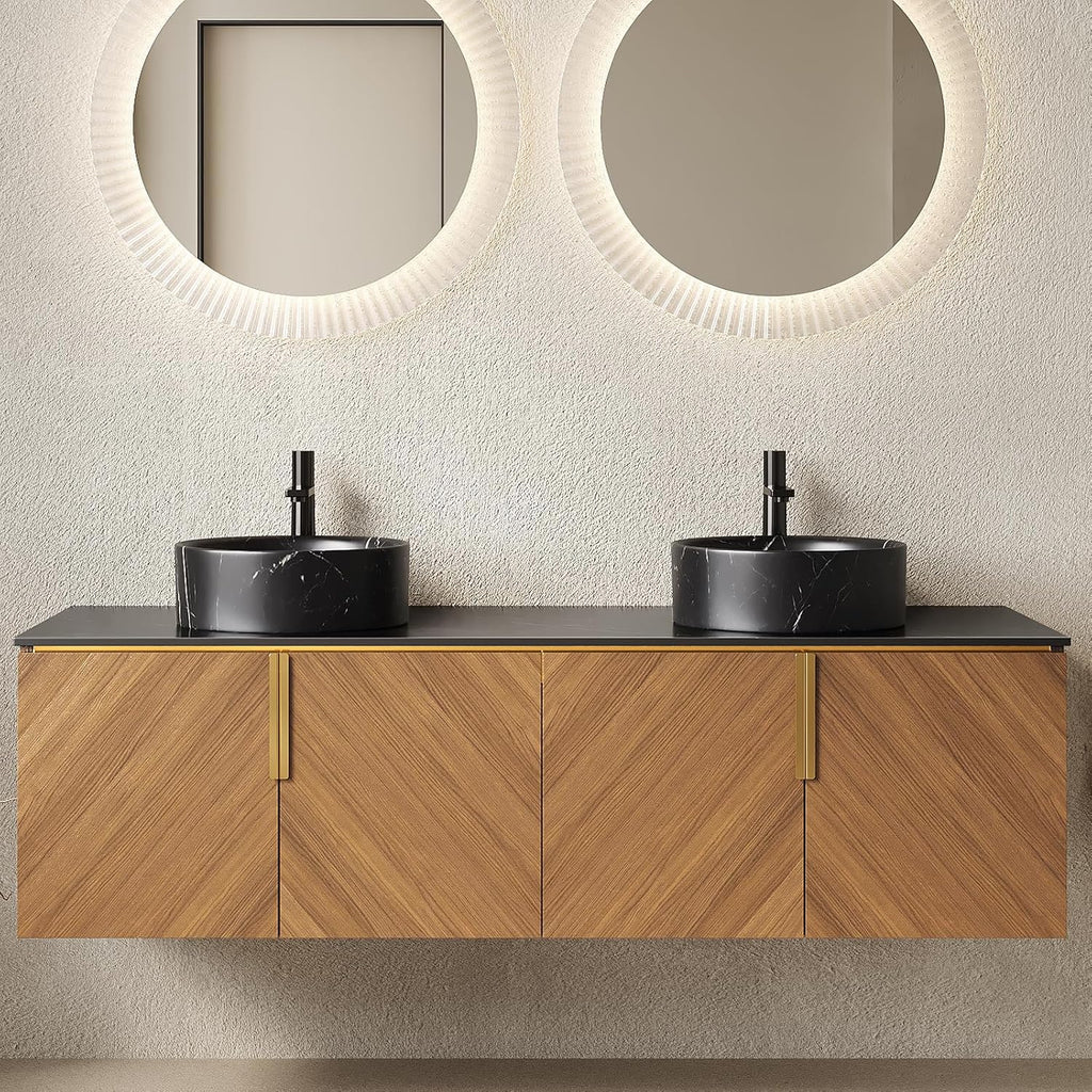 60' Double Sink Bathroom Vanity with Sink Combo, Floating Vanity with Vessel Sink, Wall-Mounted Plywood Bathroom Vanity Storage Cabinet with 4 Doors & 2 Black Round Basin, Brown Oak