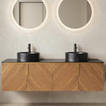 60' Double Sink Bathroom Vanity with Sink Combo, Floating Vanity with Vessel Sink, Wall-Mounted Plywood Bathroom Vanity Storage Cabinet with 4 Doors & 2 Black Round Basin, Brown Oak