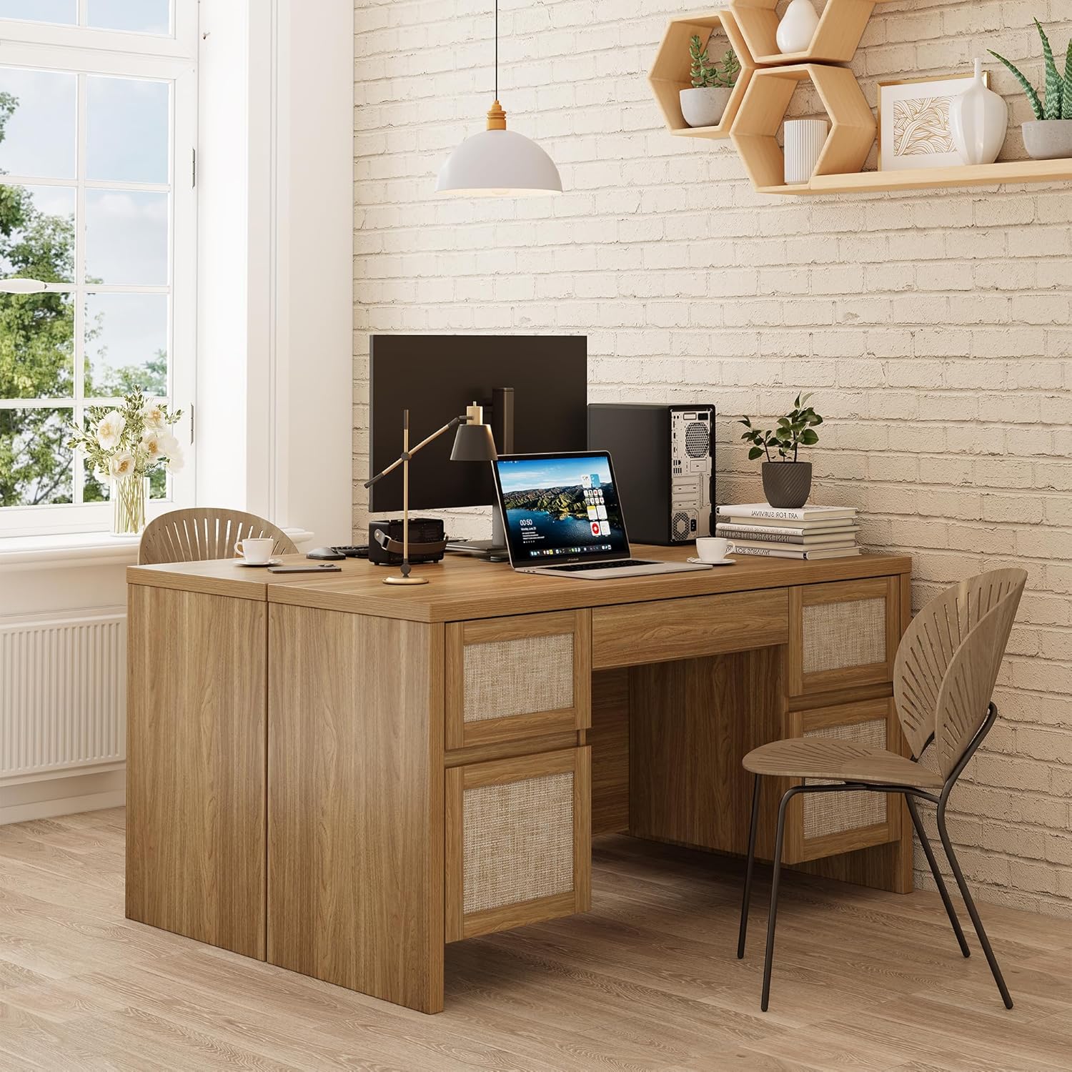 Yechen Executive Desk with 5 Drawers, 57' Modern Rattan Home Office Desk with Charging Station, File Drawer, Farmhouse Boho Computer Writing Desk for Study, Work, Walnut Brown