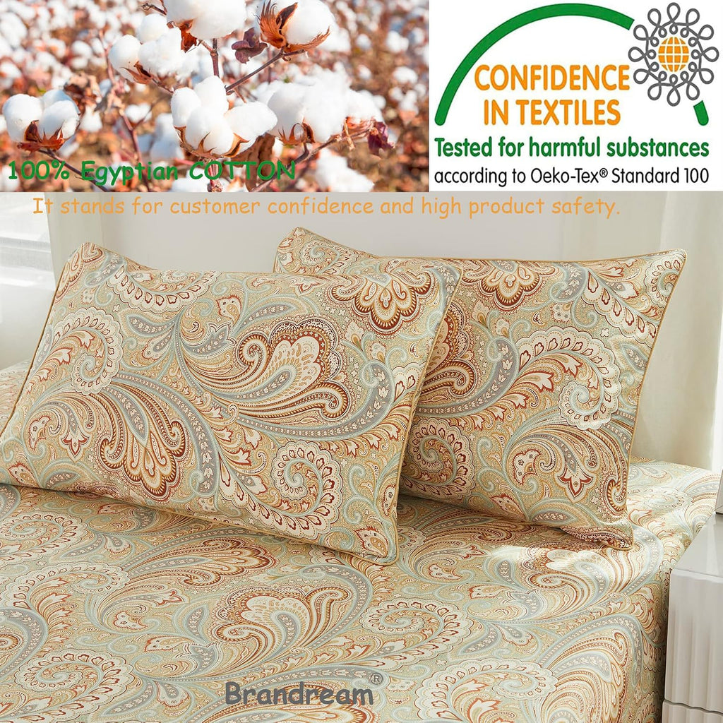 Brandream Paisley Bedding Gold Classy Regal Themed Boho Bed Sheet Set Luxury Bedding Collections 800 Thread Count 100% Egyptian Cotton Deep Pocket, 4 Piece-King Size