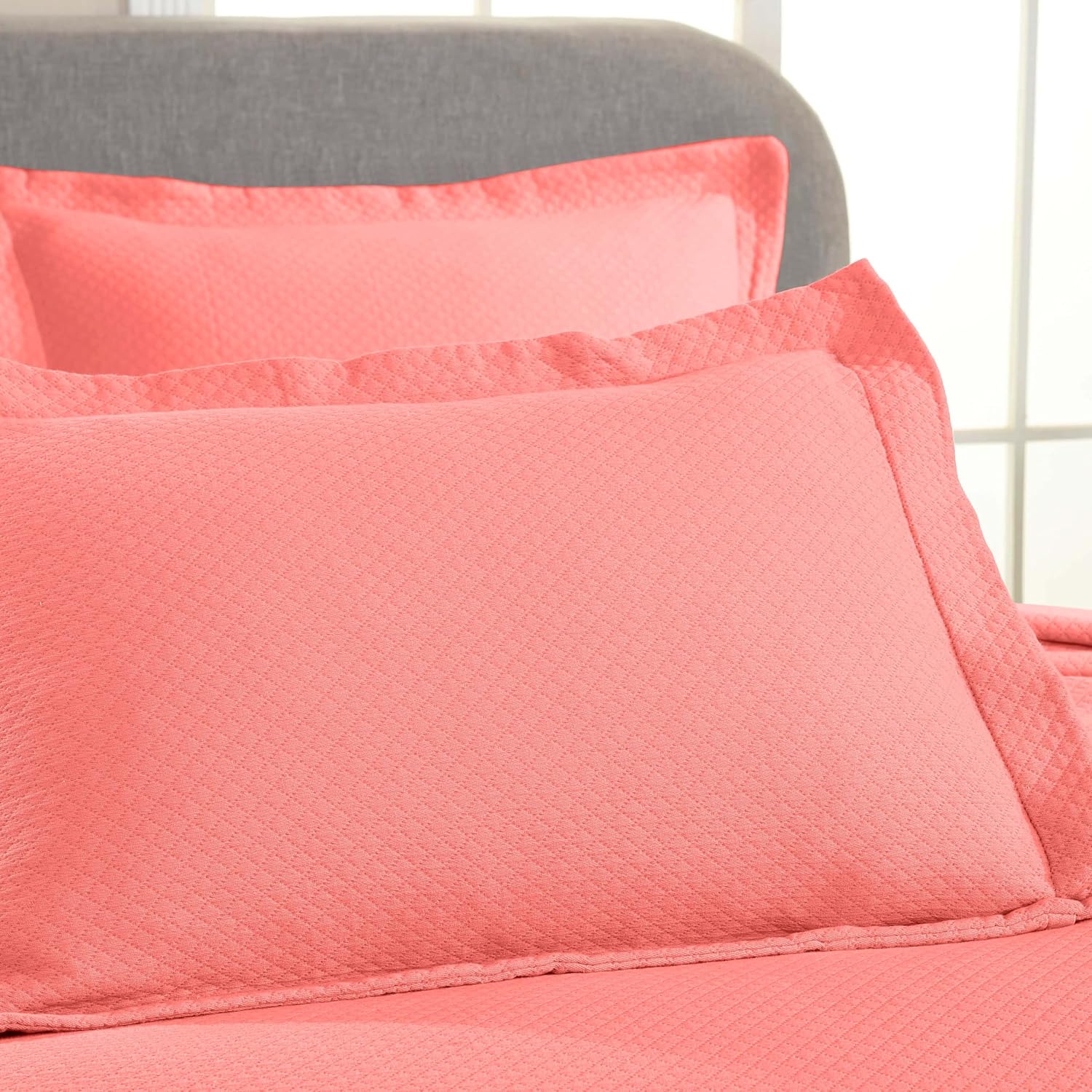 Superior Solitaire Cotton 3 Piece Bedspread Set, Home Bed Decor, Decorative Textured Bed Spread, 2 Pillow Shams, Airy Blanket, Matelasse Coverlet Bedding, All-Season Accent Blanket, Queen, Coral