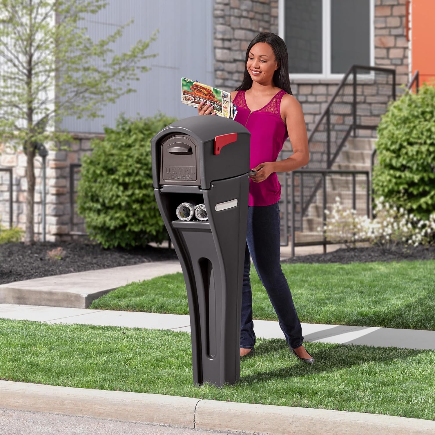 Step2 Mailmaster Streamline Mailbox & Post, Weather Resistant, Large Outdoor Mailboxes, Made of Durable Plastic, Easy to Install, Flag Included, Gray