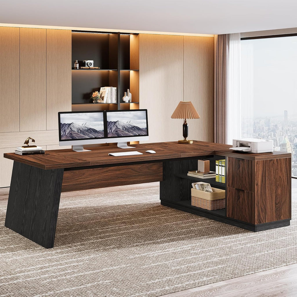 Tribesigns 78-Inch L-Shaped Executive Desk, Large Computer Desk with 2 Drawers and Storage Shelves, Business Furniture Workstation for Home & Office (Brown and Black)