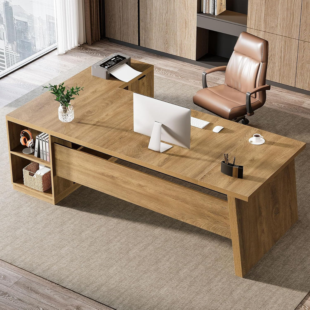 Tribesigns 78-Inch L-Shaped Executive Desk, Large Computer Desk with 2 Drawers and Storage Shelves, Business Furniture Workstation for Home & Office (Light Brown)