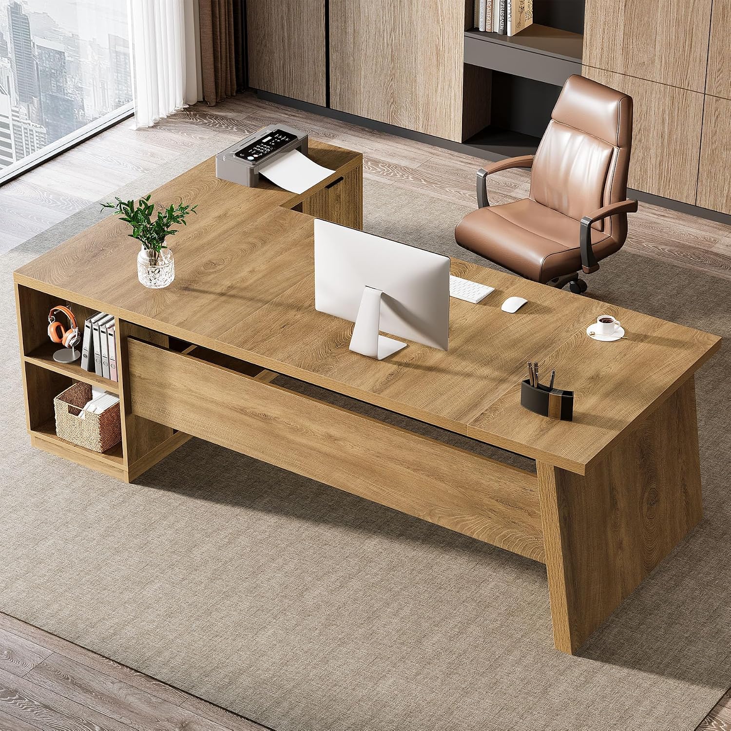 Tribesigns 78-Inch L-Shaped Executive Desk, Large Computer Desk with 2 Drawers and Storage Shelves, Business Furniture Workstation for Home & Office (Light Brown)