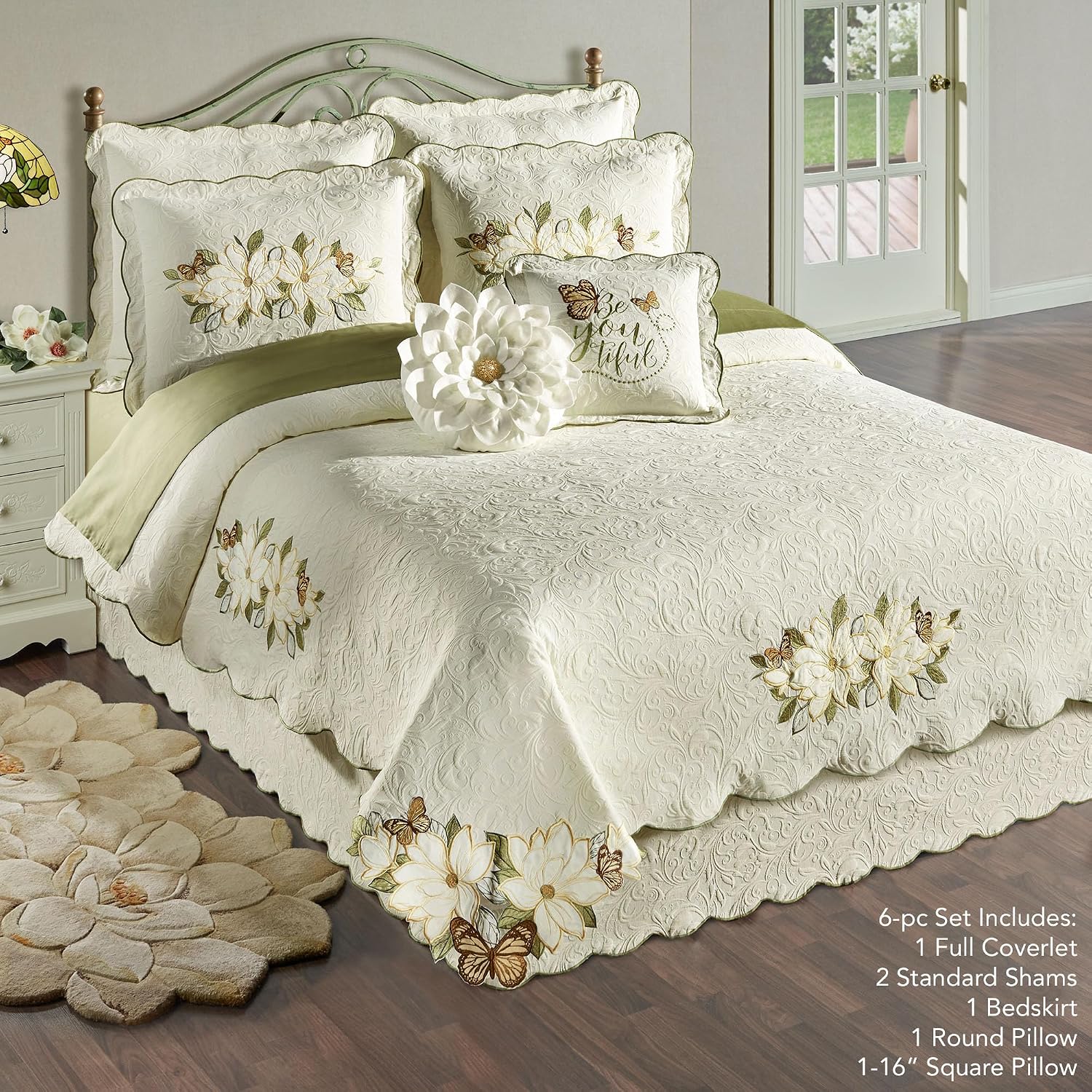 Sweetbay Garden Luxury Matelasse Bedding | Magnolia, Butterfly, & Leaf Velvet Appliques | 4-Pc Ivory Textured Scroll Lightweight Bed Set: Full Coverlet, Bedskirt, 2 Standard Shams, & 2 Accent Pillows