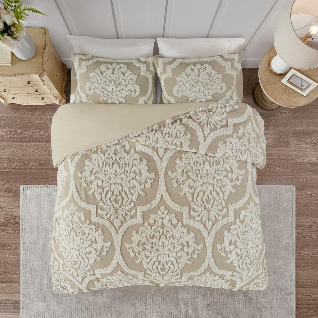 Madison Park Tufted Chenille 100% Cotton Duvet Modern Luxe All Season Comforter Cover Bed Set with Matching Shams, King/Cal King(104'x92'), Damask Taupe 3 Piece
