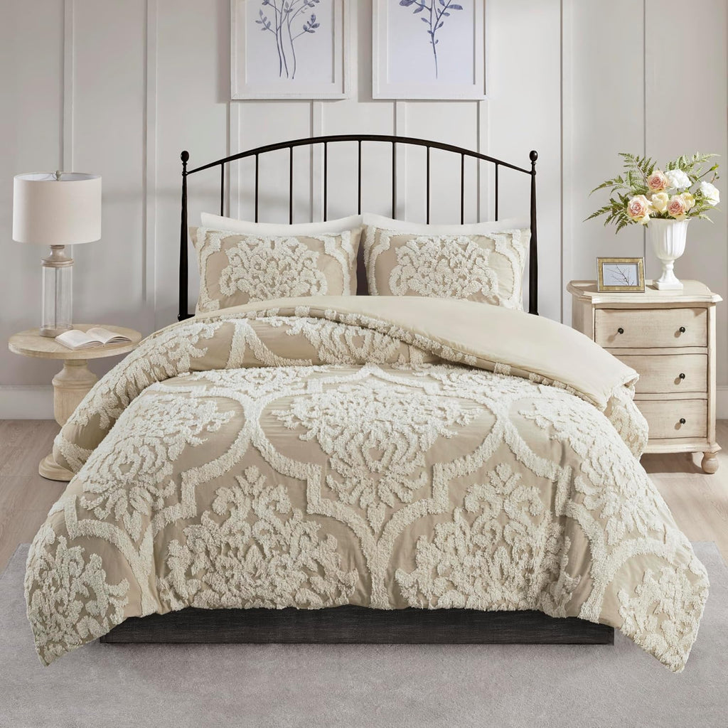 Madison Park Tufted Chenille 100% Cotton Duvet Modern Luxe All Season Comforter Cover Bed Set with Matching Shams, King/Cal King(104'x92'), Damask Taupe 3 Piece