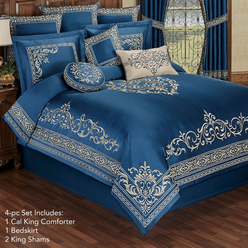 Touch of Class Buckingham Luxury Bedding | Royal Sapphire Blue | Palace-Inspired Elegant Golden Scrollwork Embroidery on Sateen 4 Piece Set: California King Comforter, Bedskirt & 2 King Shams