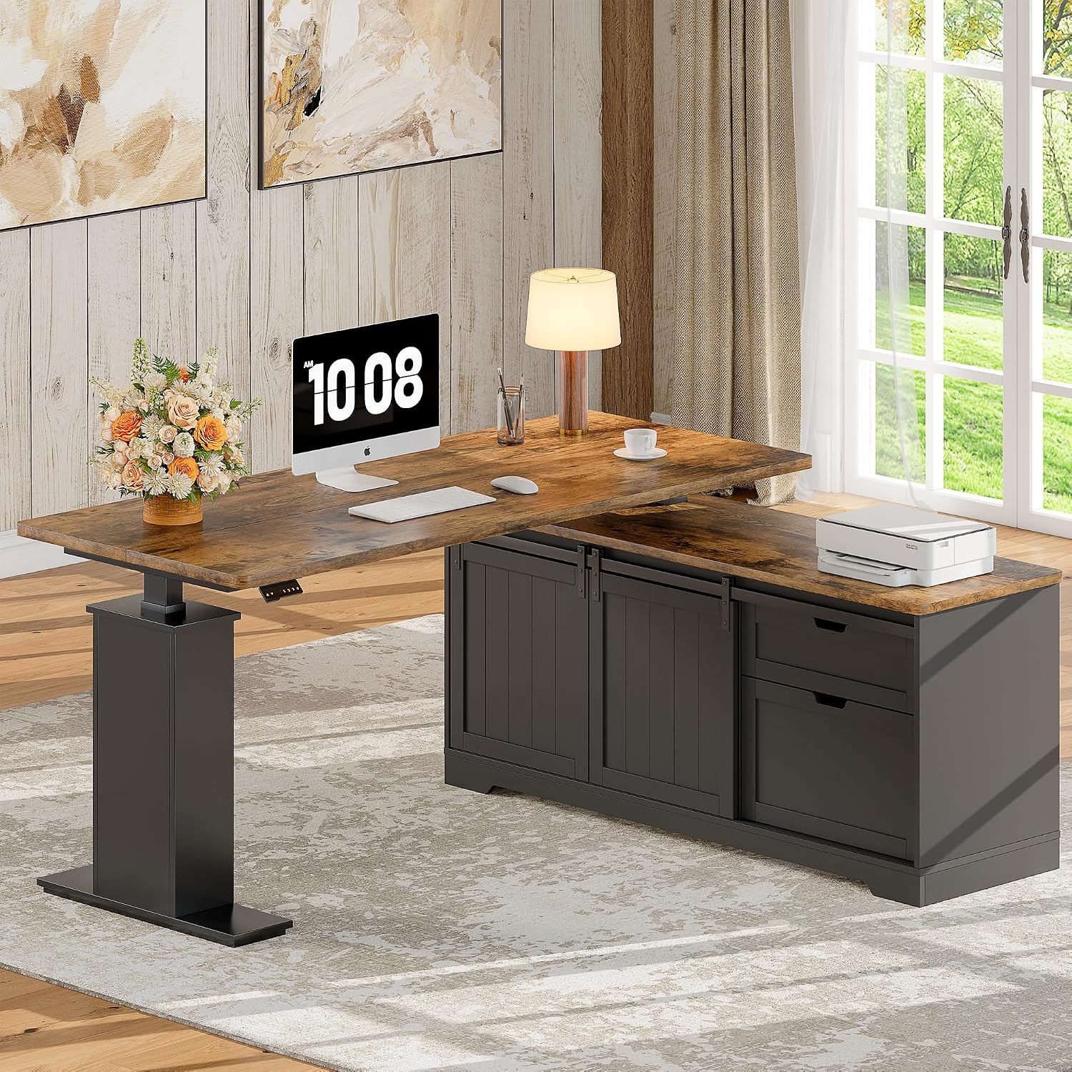 Whalefall L Shaped Standing Desk with Drawers, Height Adjustable Farmhouse Executive Computer Desk, Corner Desk with Cable Management and File Storage for Home Office, Black