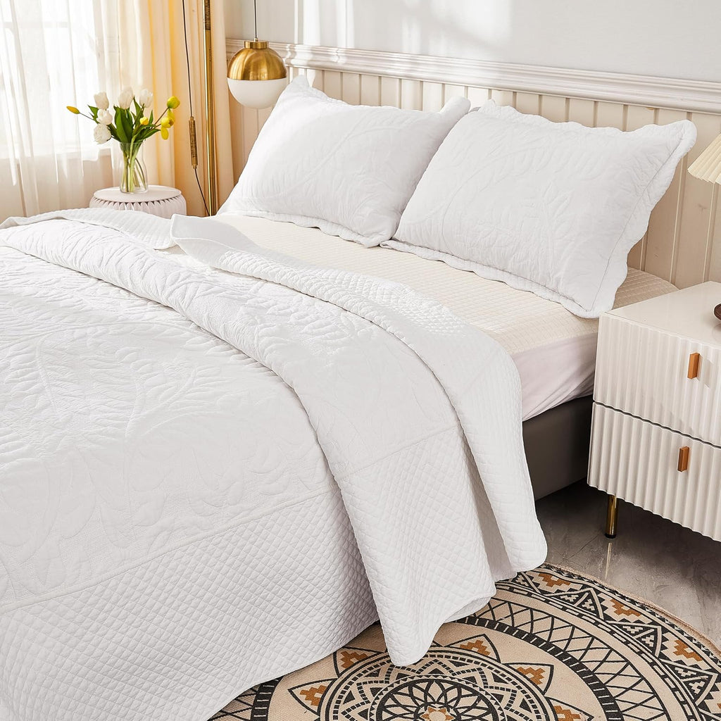 MarCielo 3-Piece 100% Cotton Oversized Bedspread Lightweight Quilt Coverlet Embroidery Farmhouse Bedding Set T0 (Bright White, Oversized Queen (100'x106'))