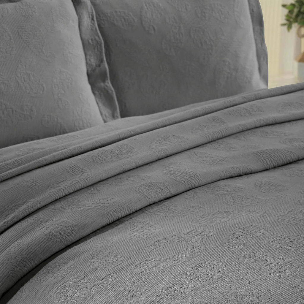 Superior Paisley Cotton 3 Piece Bedspread Set, Home Bed Decor, Decorative Textured Bed Spread, 2 Pillow Shams, Airy Blanket, Matelasse Coverlet Bedding, Vintage Floral Design, Queen, Grey