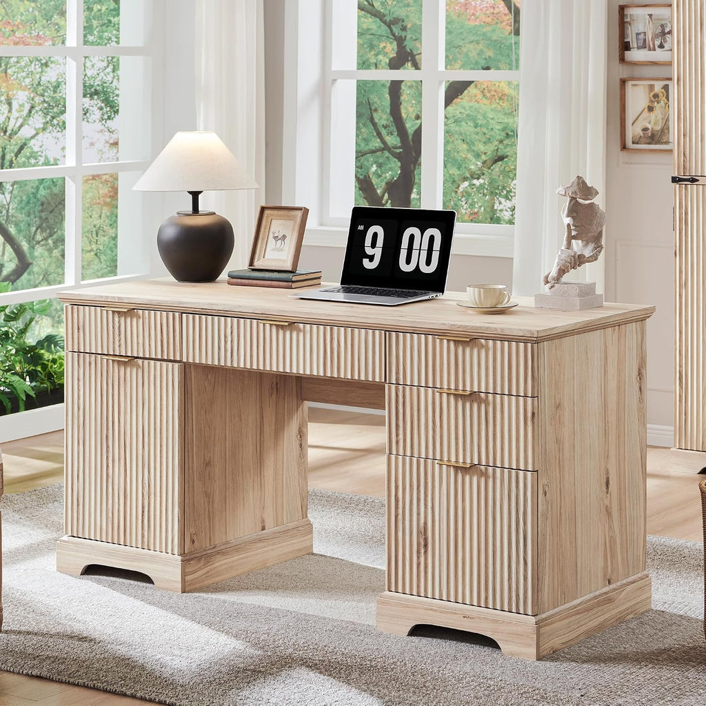 JXQTLINGMU 58' Modern Executive Desk with Storage, Wood Home Office Desk with 5 Drawers & 1 Cabinet, Fluted Computer Writing Desk for Study, Living Room, Bedroom, Oak
