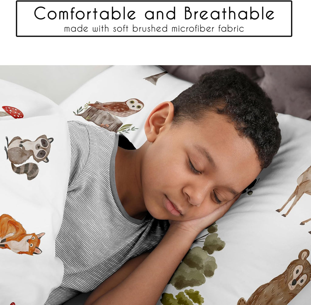 Sweet Jojo Designs 2-Piece Twin Comforter Set (Woodland Forest Animals) for Boys or Girls, Children, Kids Bedding, Bed in a Bag incl. Blanket & Pillow Sham (Neutral, Brown Bear, Owl, Fox, Tree Animal)