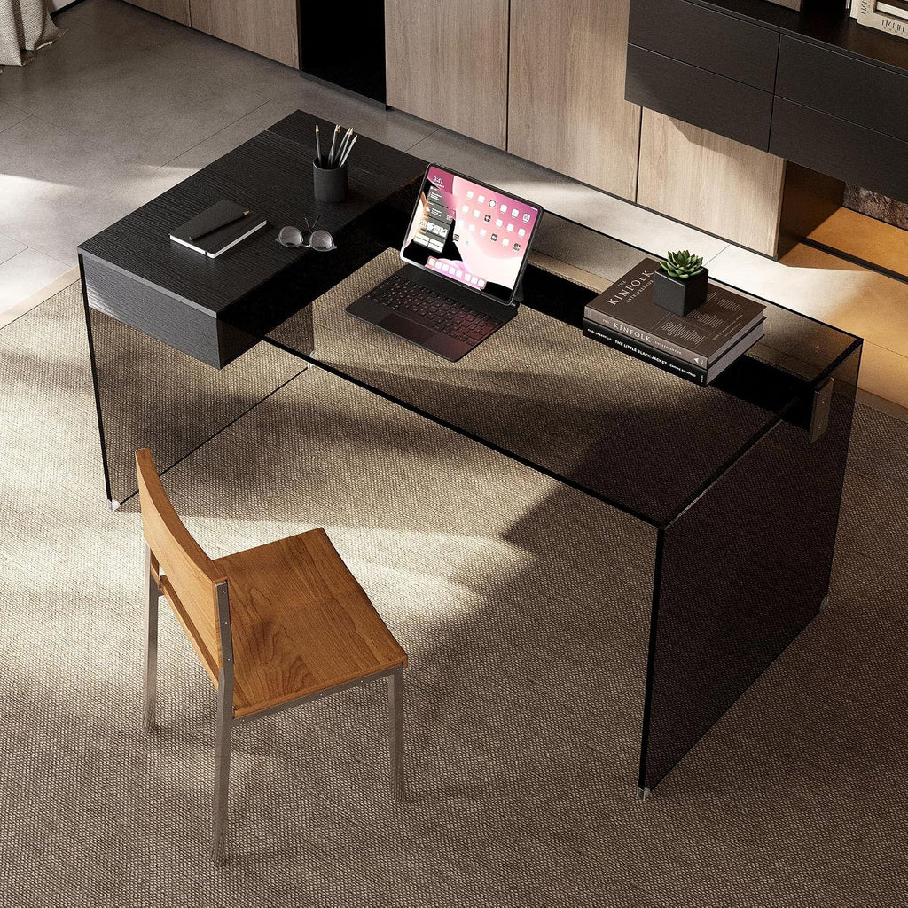53.14' Modern Tempered Glass Executive Desk with Drawer, Black Wood Finish and Tempered Glass Legs – Minimalist Stylish Workstation Table for Home Office