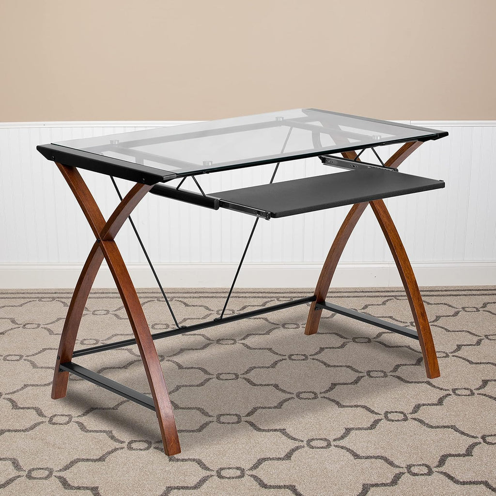 Flash Furniture Jude Tempered Glass Computer Desk with Pull-Out Keyboard Tray and Crisscross Frame, Small Computer Desk for Home Office, Cherry/Clear