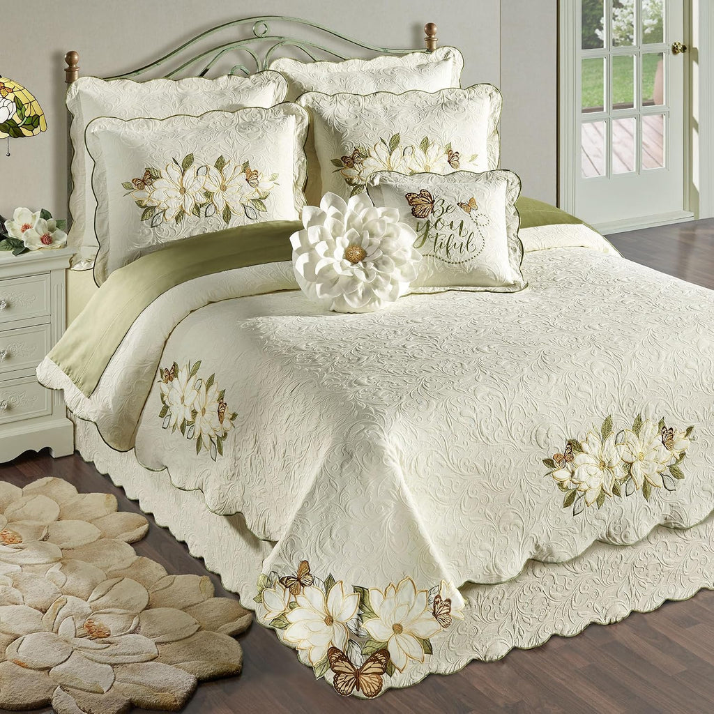Sweetbay Matelasse Bedding | Magnolia, Butterfly, & Leaf Velvet Appliques | 10-Pc Ivory Lightweight Bed Set: Cal King Coverlet, Bedskirt, 2 King Shams, 2 Euro Shams, 2 Euro Inserts, & 2 Accent Pillows