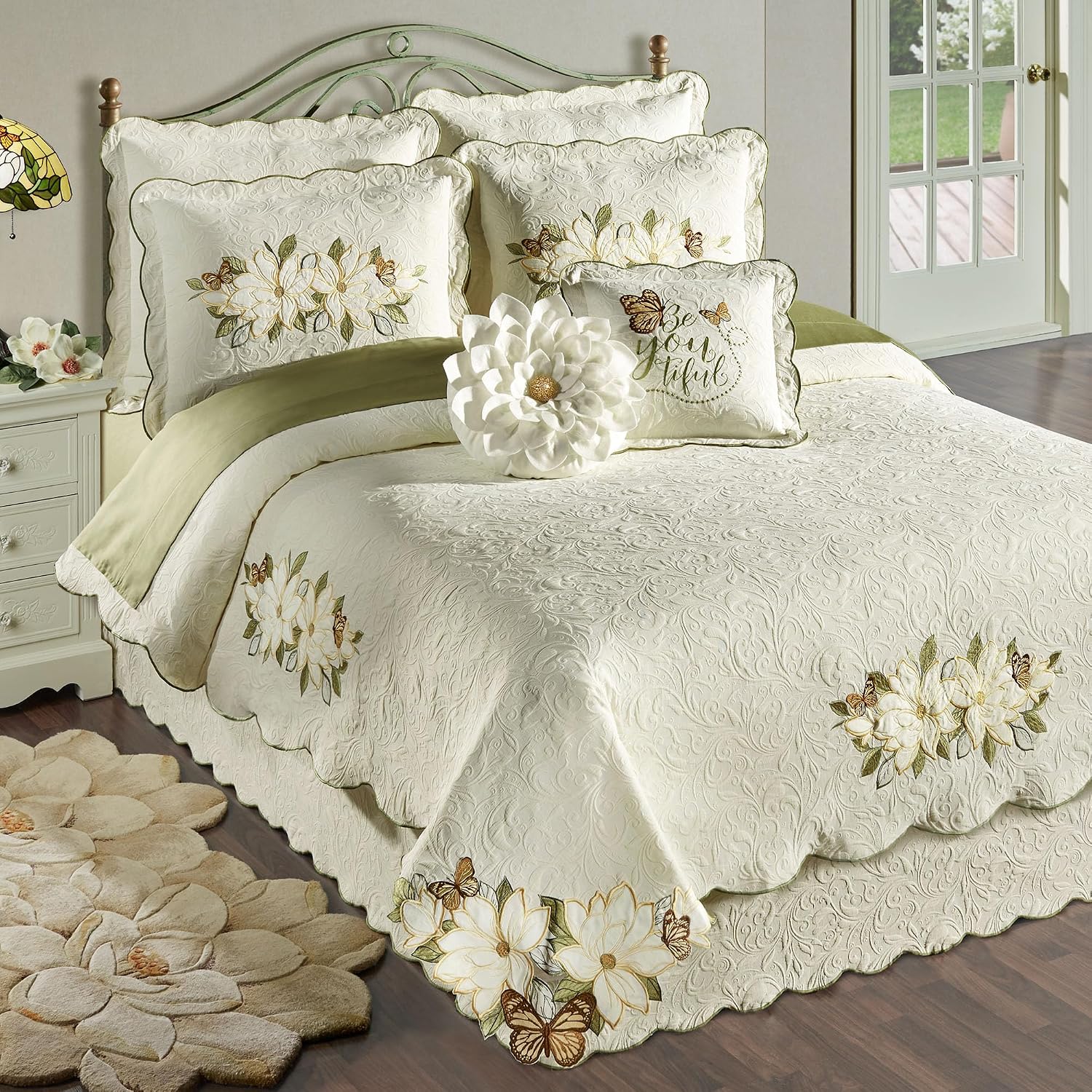 Sweetbay Matelasse Bedding | Magnolia, Butterfly, & Leaf Velvet Appliques | 10-Pc Ivory Lightweight Bed Set: Cal King Coverlet, Bedskirt, 2 King Shams, 2 Euro Shams, 2 Euro Inserts, & 2 Accent Pillows