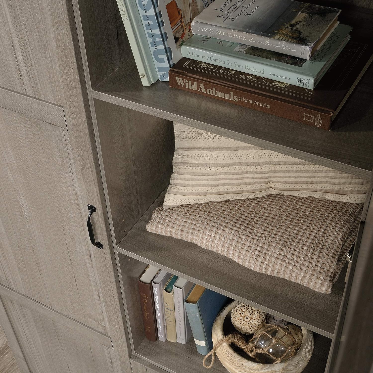 Sauder Select Multipurpose Bedroom Armoire Wardrobe Closet Pantry Storage Cabinet with Storage Drawers and Hanging Rail, in Silver Sycamore
