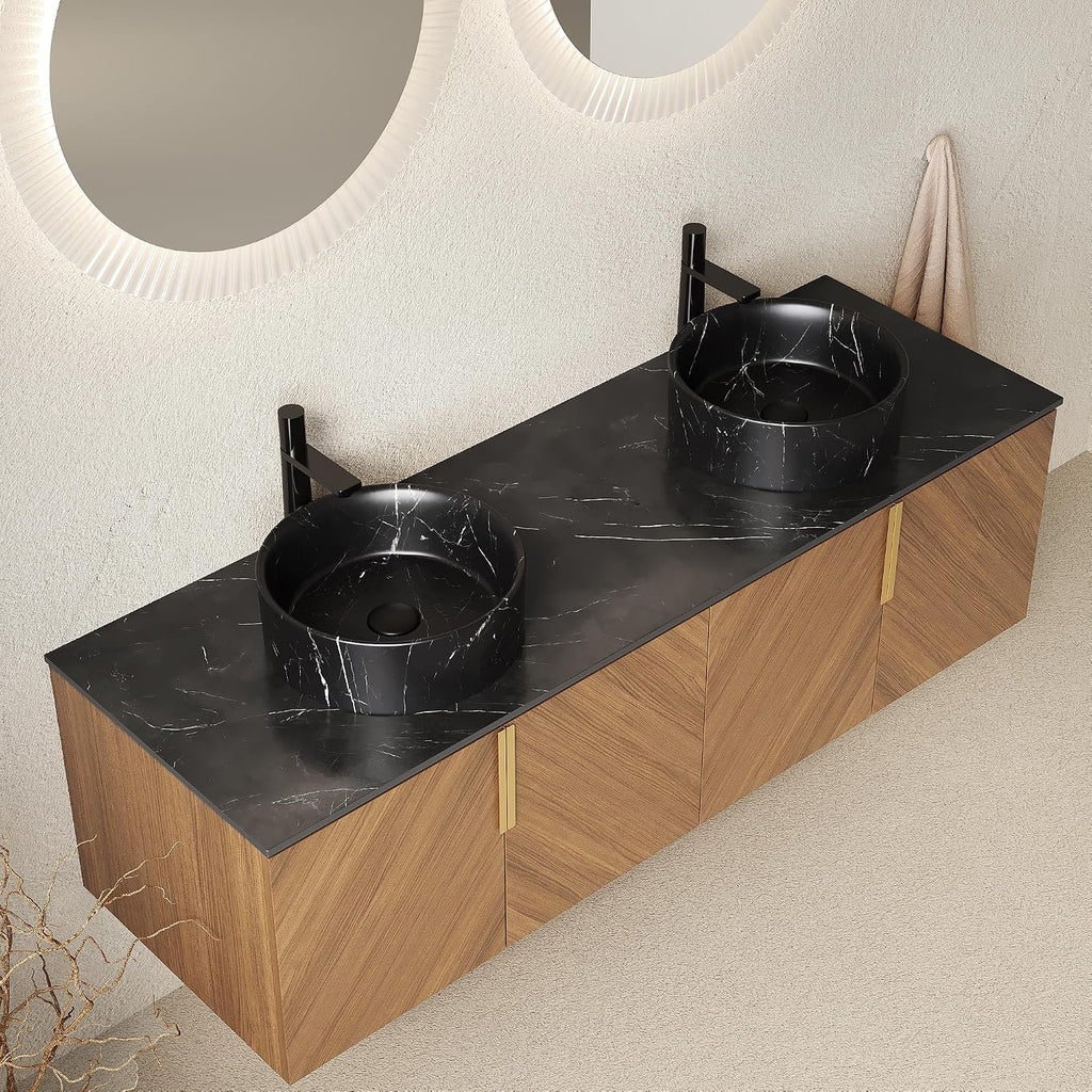 60' Double Sink Bathroom Vanity with Sink Combo, Floating Vanity with Vessel Sink, Wall-Mounted Plywood Bathroom Vanity Storage Cabinet with 4 Doors & 2 Black Round Basin, Brown Oak