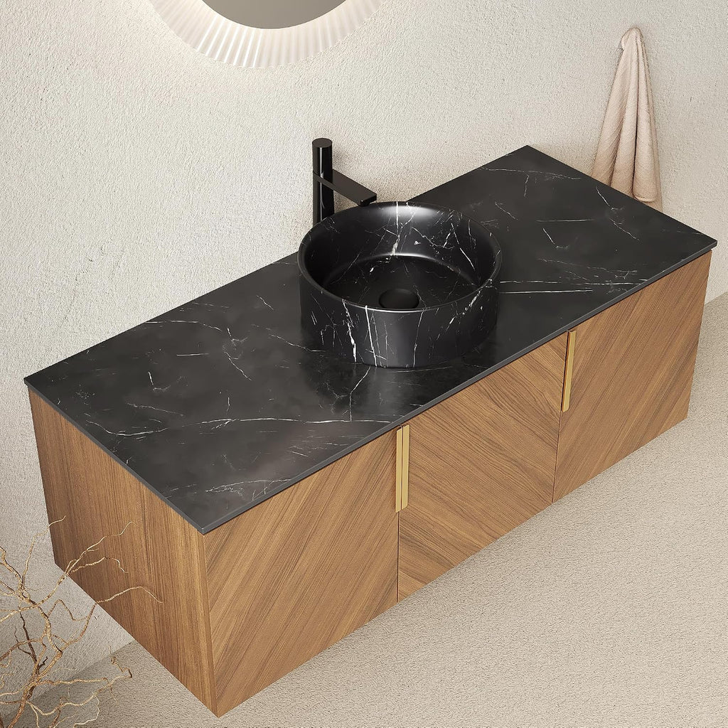 48 Inch Bathroom Vanity with Single Sink, Floating Vanity with Vessel Sink, Modern Bathroom Vanity Cabinet with 3 Doors, Sintered Stone Countertop and Black Round Basin,Brown Oak