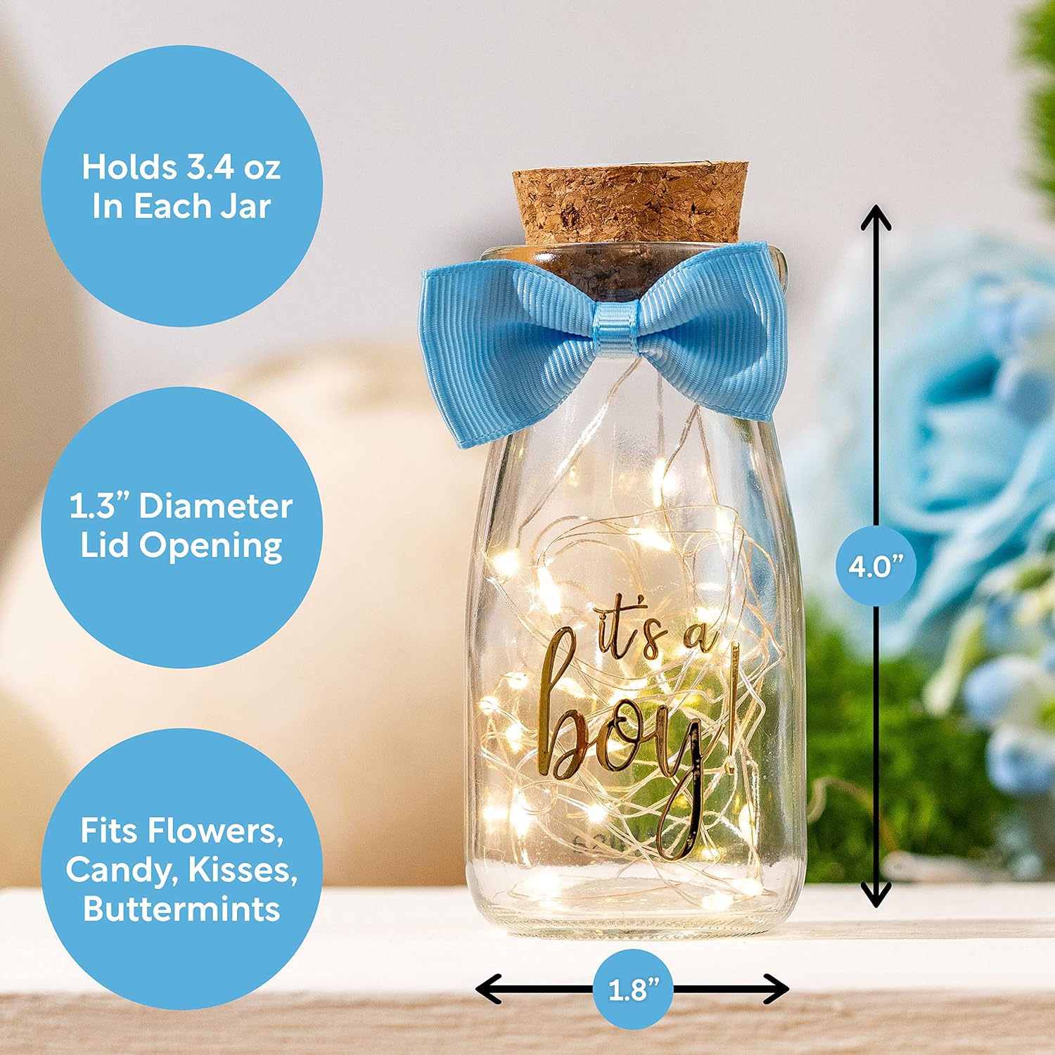 Ethisa 96 Pack It's a Boy Milk Glass Bottles with Ribbons and Stickers - Vintage Baby Shower Favors for Guests and Table Centerpieces Decorations - Sturdy Baby Shower Candy Jar