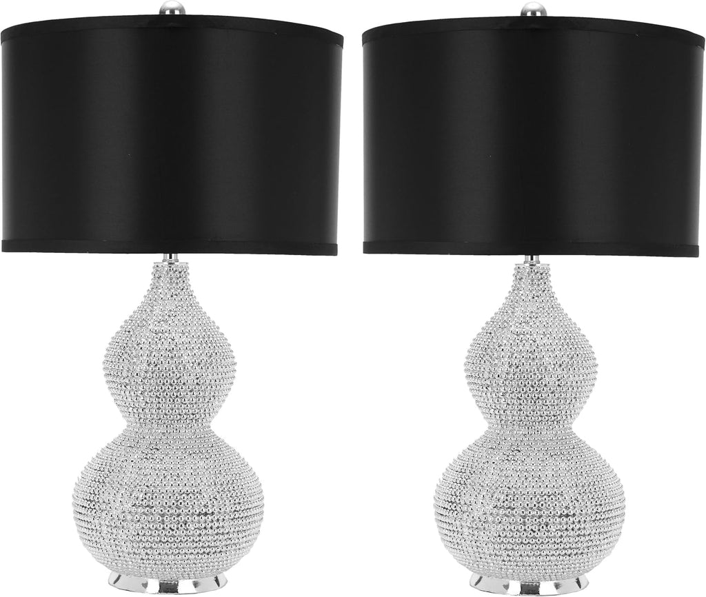 SAFAVIEH Lighting Collection Nicole Silver/Black Shade Beaded 25-inch Table Lamp Set of 2 with USB Charging Port (LED Bulbs Included)