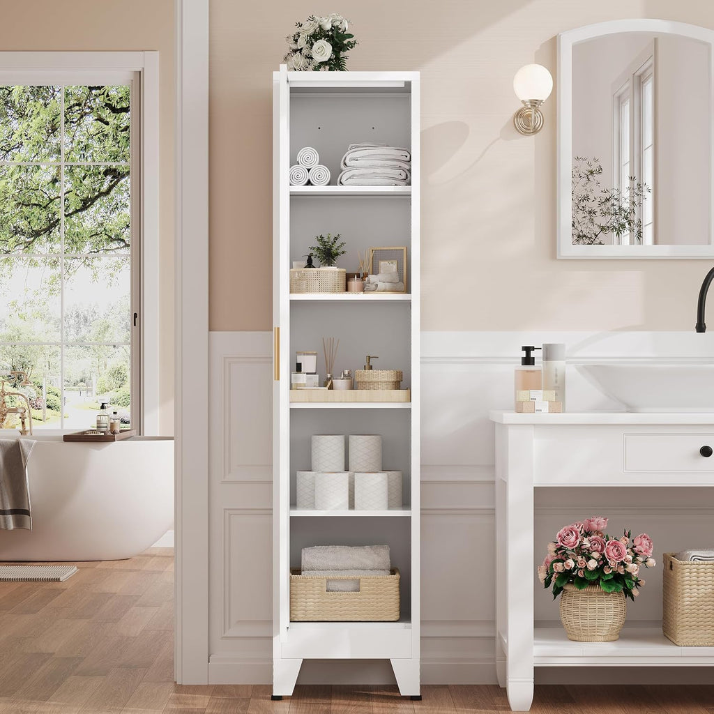 67'H Narrow Pantry Cabinet,Tall Skinny Pantry Storage Cabinet with Adjustable Shelves,Metal Narrow Kitchen Storage Cabinet,Slim and Thin Pantry Cabinets for Living Room Dining Room, White