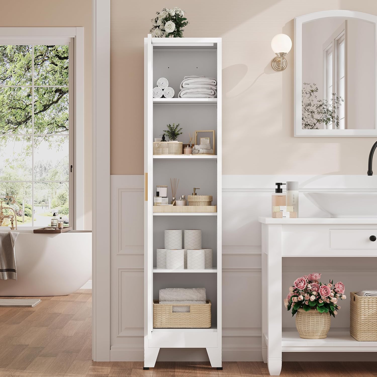 67'H Narrow Pantry Cabinet,Tall Skinny Pantry Storage Cabinet with Adjustable Shelves,Metal Narrow Kitchen Storage Cabinet,Slim and Thin Pantry Cabinets for Living Room Dining Room, White